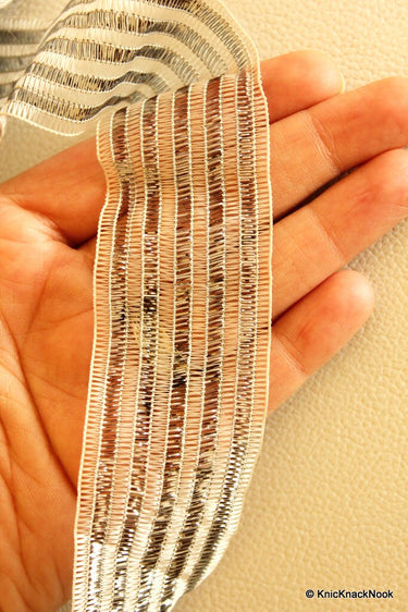 Silver And White Thread Sheer Stripes Trim Lace, Approx. 37mm wide